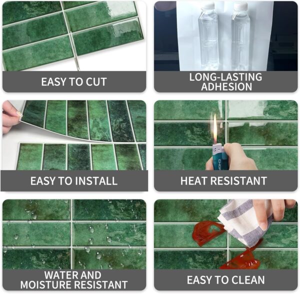 10 Sheet Peel and Stick Backsplash Tiles 3D Rectangle Waterproof Self-Adhesive Wall Tile Stick on Backsplash for Kitchen Bathroom and Fireplace(Green,20X20CM)