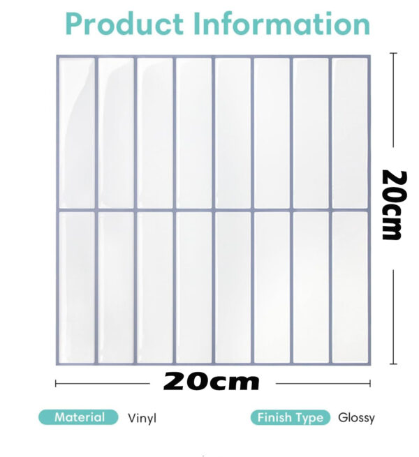 Peel and Stick Backsplash Tile 10 Pcs of20x20cm Vertical 3D Stick on Tiles for Kitchen and Bathroom Interior Wall Tile White (Glossy Surface White with Gray Grout )
