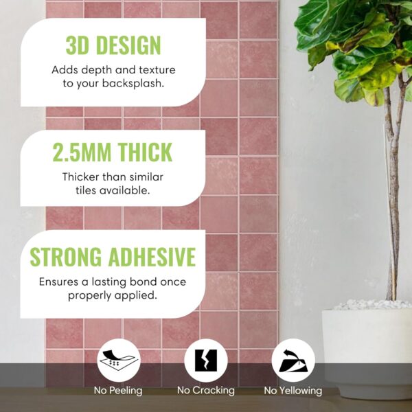 Peel and Stick Backsplash Square Tiles D Stick-on Tile with Commercial Grade Adhesive Thick Heat-Resistant Waterproof Tiles for Kitchen Bathroom Laundry 20x20cm Pink