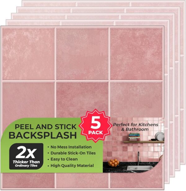 Peel and Stick Backsplash Square Tiles D Stick-on Tile with Commercial Grade Adhesive Thick Heat-Resistant Waterproof Tiles for Kitchen Bathroom Laundry 20x20cm Pink
