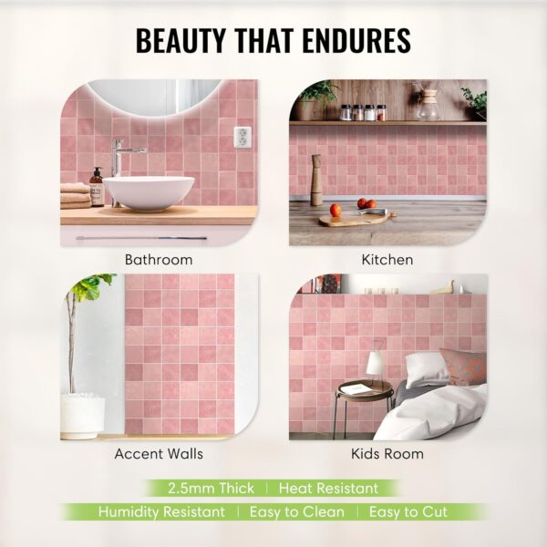 Peel and Stick Backsplash Square Tiles D Stick-on Tile with Commercial Grade Adhesive Thick Heat-Resistant Waterproof Tiles for Kitchen Bathroom Laundry 20x20cm Pink