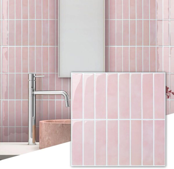 Pink Peel and Stick Tile Backsplash - 10 Pcs of 20 x 20cm Vertical 3D Peel and Stick Backsplash for Kitchen and Bathroom Interior Wall Tile Glossy Surface