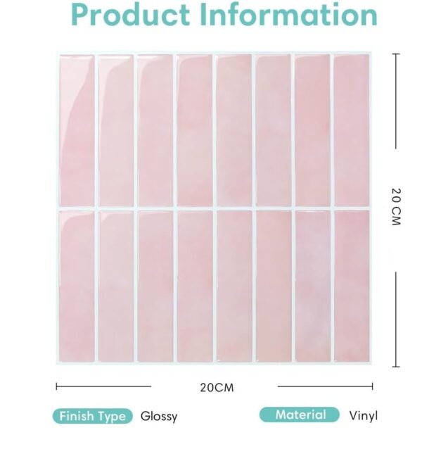 Pink Peel and Stick Tile Backsplash - 10 Pcs of 20 x 20cm Vertical 3D Peel and Stick Backsplash for Kitchen and Bathroom Interior Wall Tile Glossy Surface