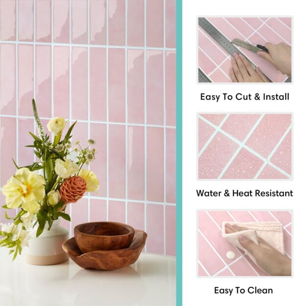 Pink Peel and Stick Tile Backsplash - 10 Pcs of 20 x 20cm Vertical 3D Peel and Stick Backsplash for Kitchen and Bathroom Interior Wall Tile Glossy Surface