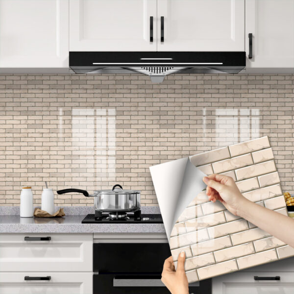 Peel and Stick Extra Thick 3D Wall Panels Heat Water Resistant Easy DIY Kitchen Bathroom Laundry Fireplace Rental Home Wall Décor (20X20CM) Beige brick pattern
