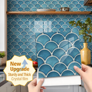 Fish Scale Tiles Ceramic Blue Kitchen splashback Tile Stickers for Bathroom Stick on Wall Tiles Self Adhesive Vinyl Home Decoration (20x20cm)