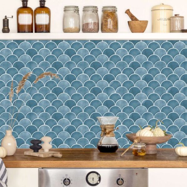 Fish Scale Tiles Ceramic Blue Kitchen splashback Tile Stickers  for Bathroom Stick on Wall Tiles  Self Adhesive Vinyl Home Decoration (20x20cm)