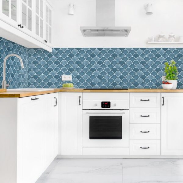 Fish Scale Tiles Ceramic Blue Kitchen splashback Tile Stickers  for Bathroom Stick on Wall Tiles  Self Adhesive Vinyl Home Decoration (20x20cm)