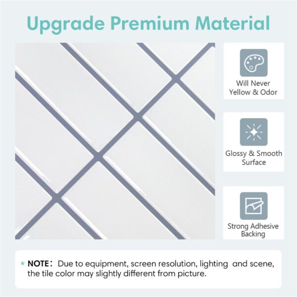 Peel and Stick Tile 10 Pcs of 20x20cm Vertical 3D Stick on Tiles for Kitchen and Bathroom Interior Wall Tile White (Glossy Surface White with Gray Grout )