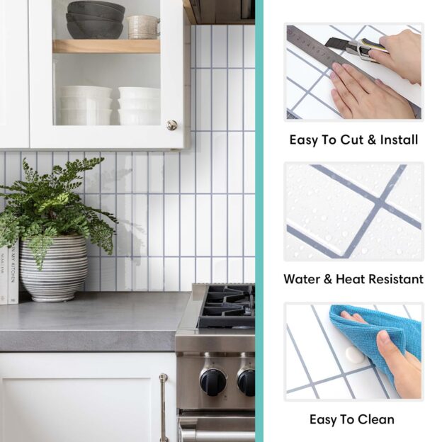 Peel and Stick Tile 10 Pcs of 20x20cm Vertical 3D Stick on Tiles for Kitchen and Bathroom Interior Wall Tile White (Glossy Surface White with Gray Grout )