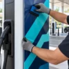Professional installation of custom EV charging station wraps
