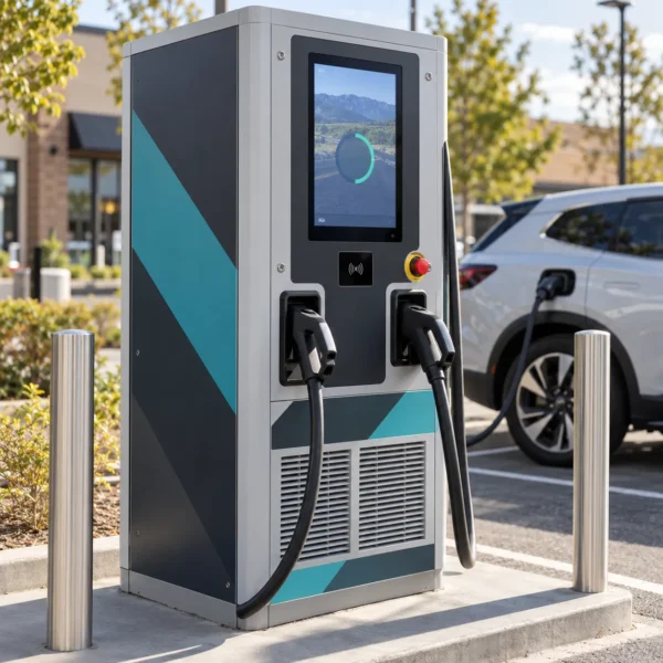 Custom EV charging station wraps on a DC fast charging cabinet