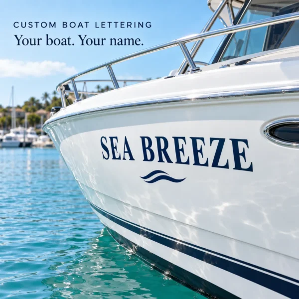 Custom boat lettering applied as a boat name on a transom